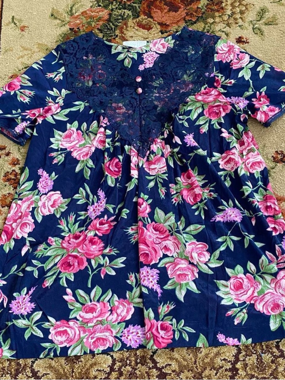 Vassarette navy blue and pink floral silky top